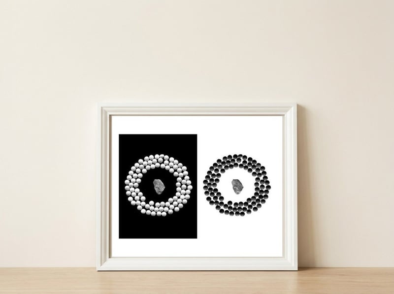Pearls and stone — framed, leaning against the wall