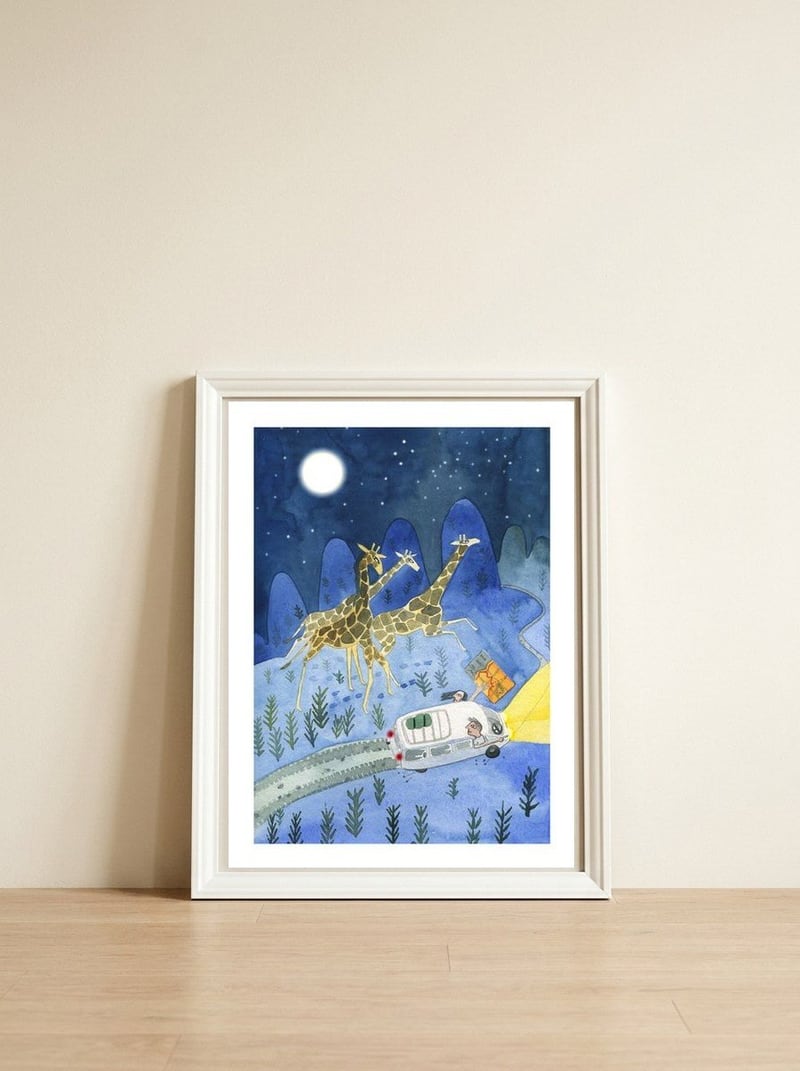 Giraffes In Moonlight — framed, leaning against the wall