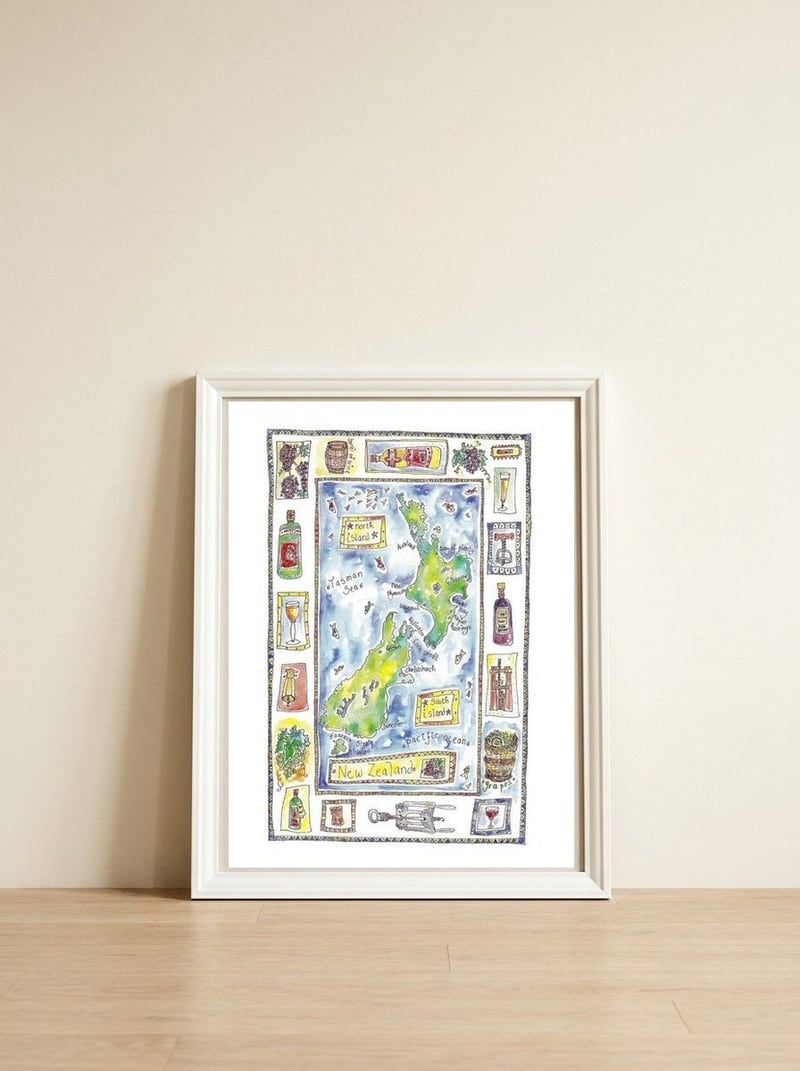 A wine map of New Zealand — framed, leaning against the wall