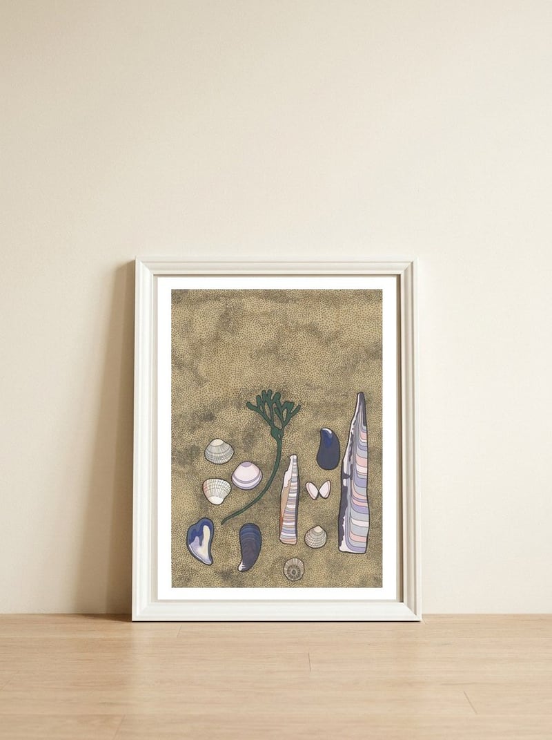 A Beach Still Life — framed, leaning against the wall