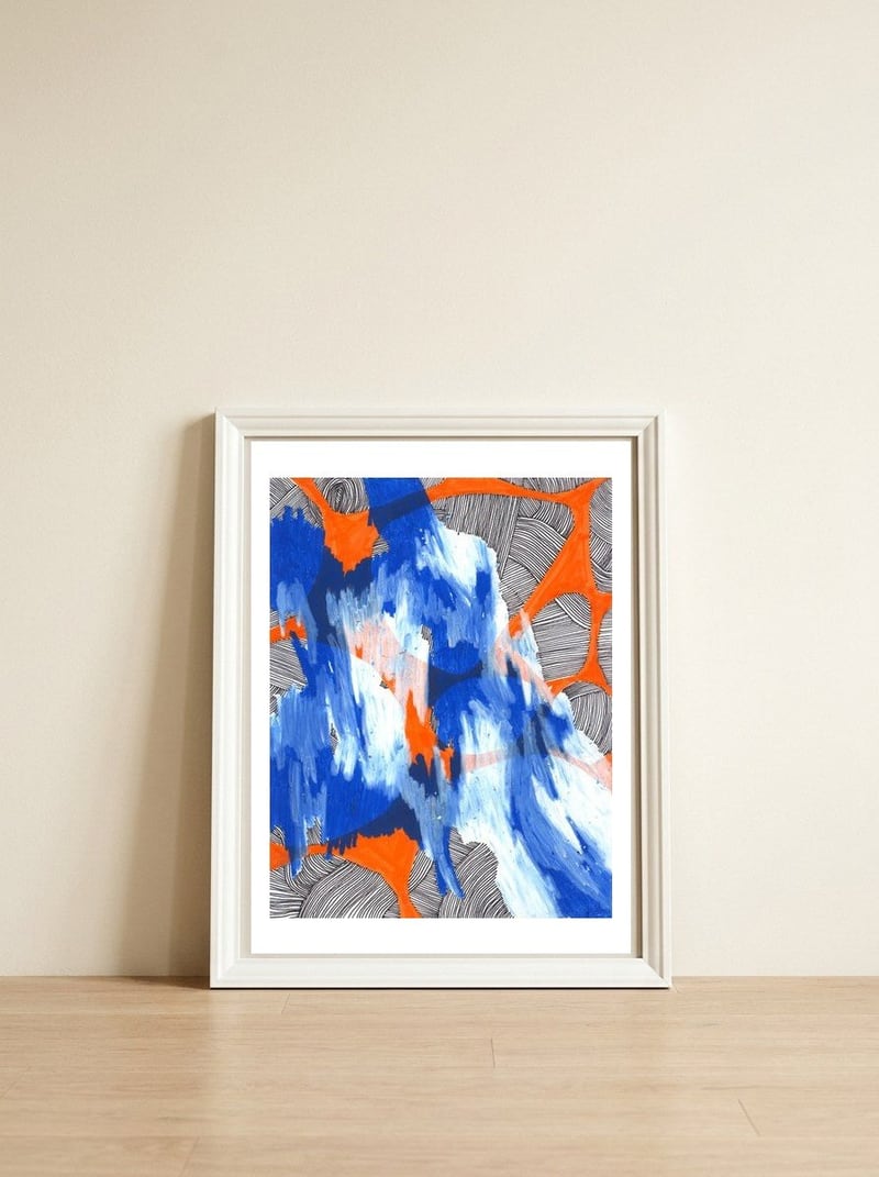 Blue Emerging — framed, leaning against the wall