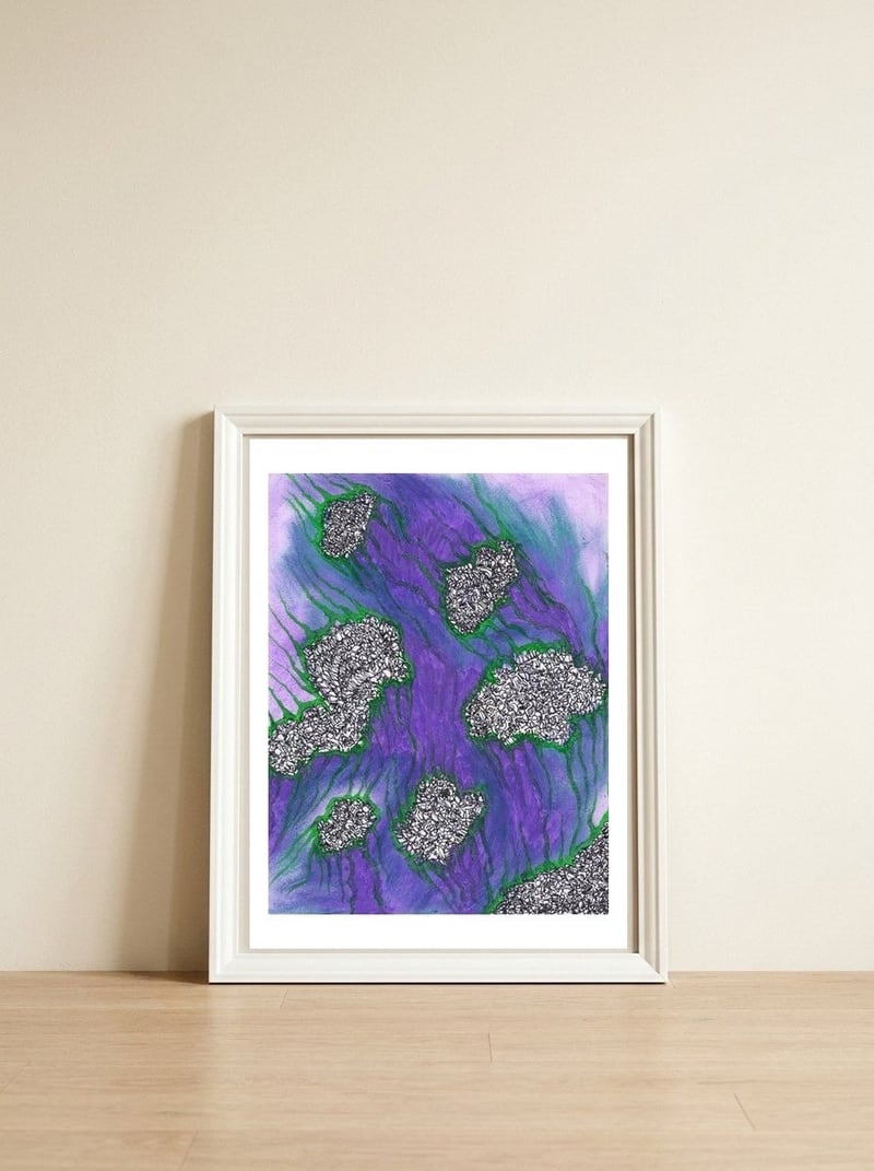 Purple Floating — framed, leaning against the wall