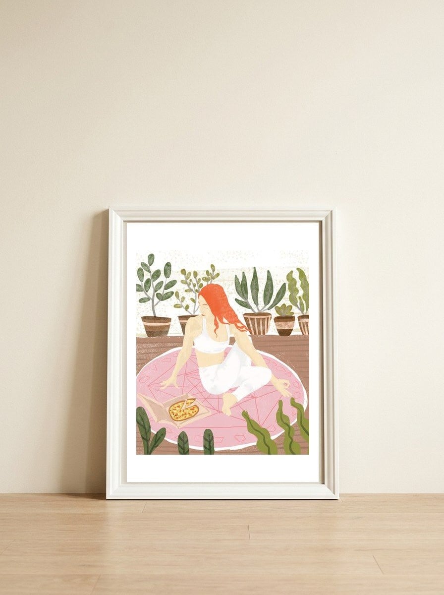 Yoga + Pizza — framed, leaning against the wall