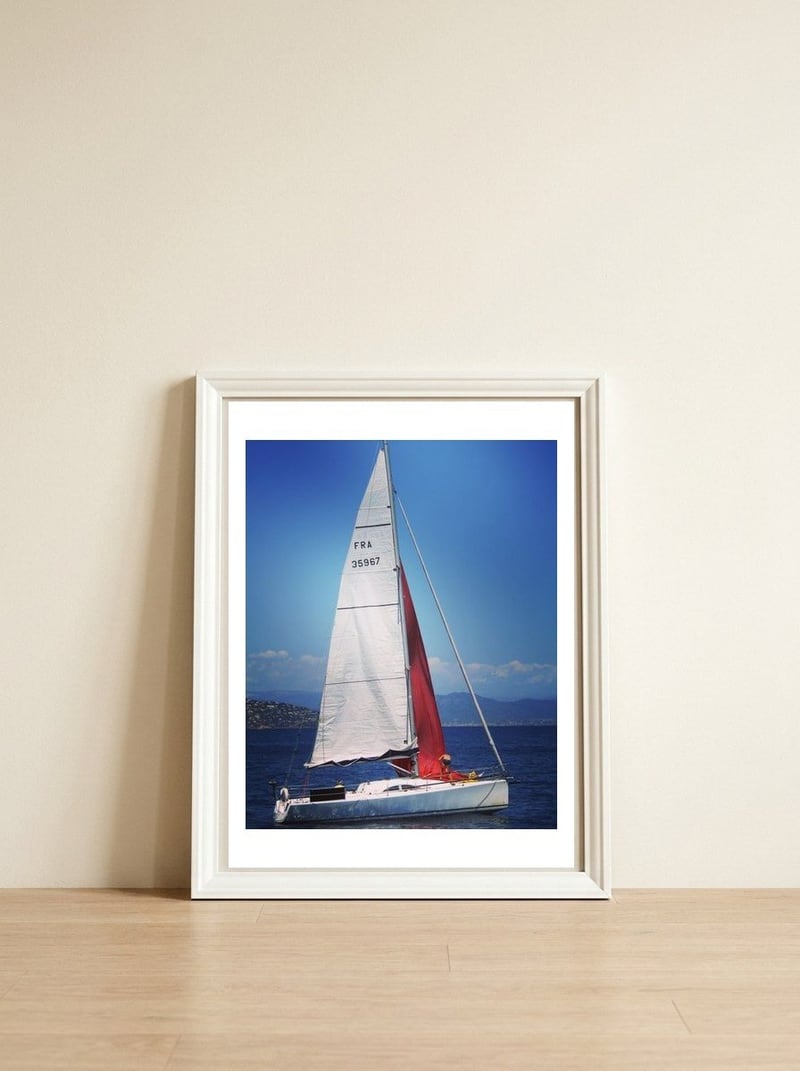 Sailing yacht with white and red sails — framed, leaning against the wall
