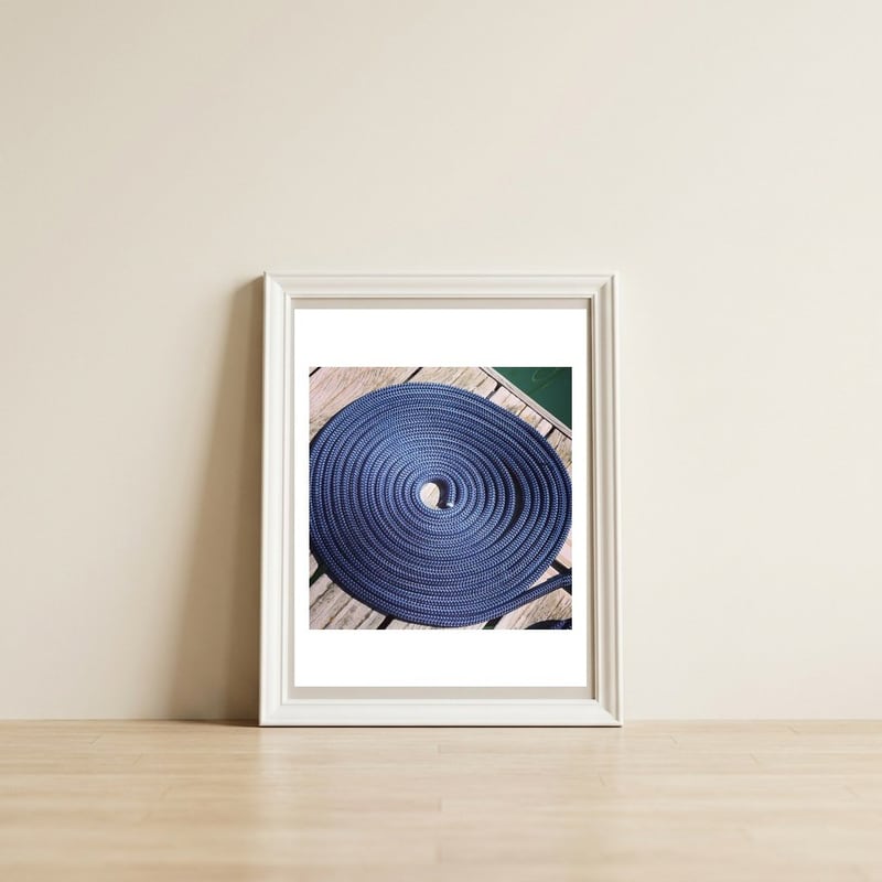 Blue rope coil — framed, leaning against the wall