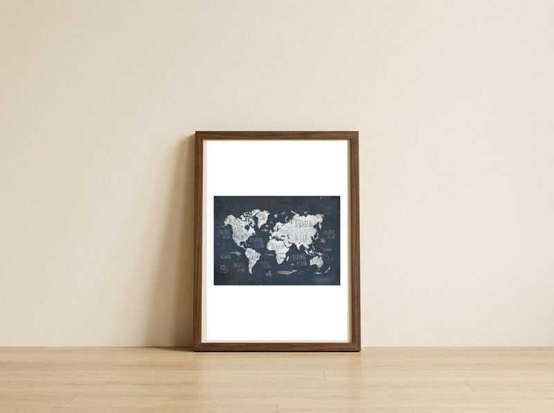 World Map- Rusty Blue — framed, leaning against the wall