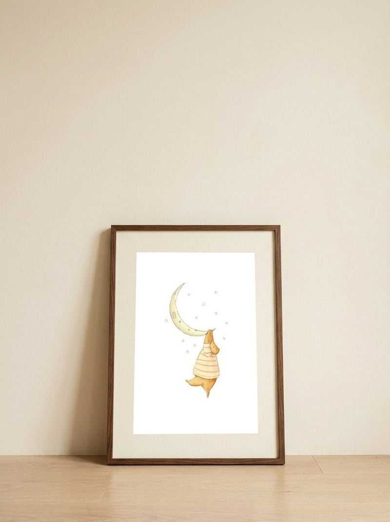 Stuck on the moon — framed, leaning against the wall