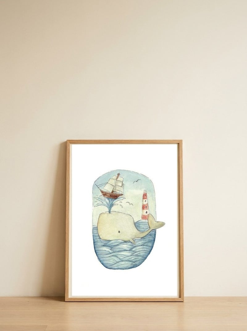 Cute Whale In The Sea — framed, leaning against the wall
