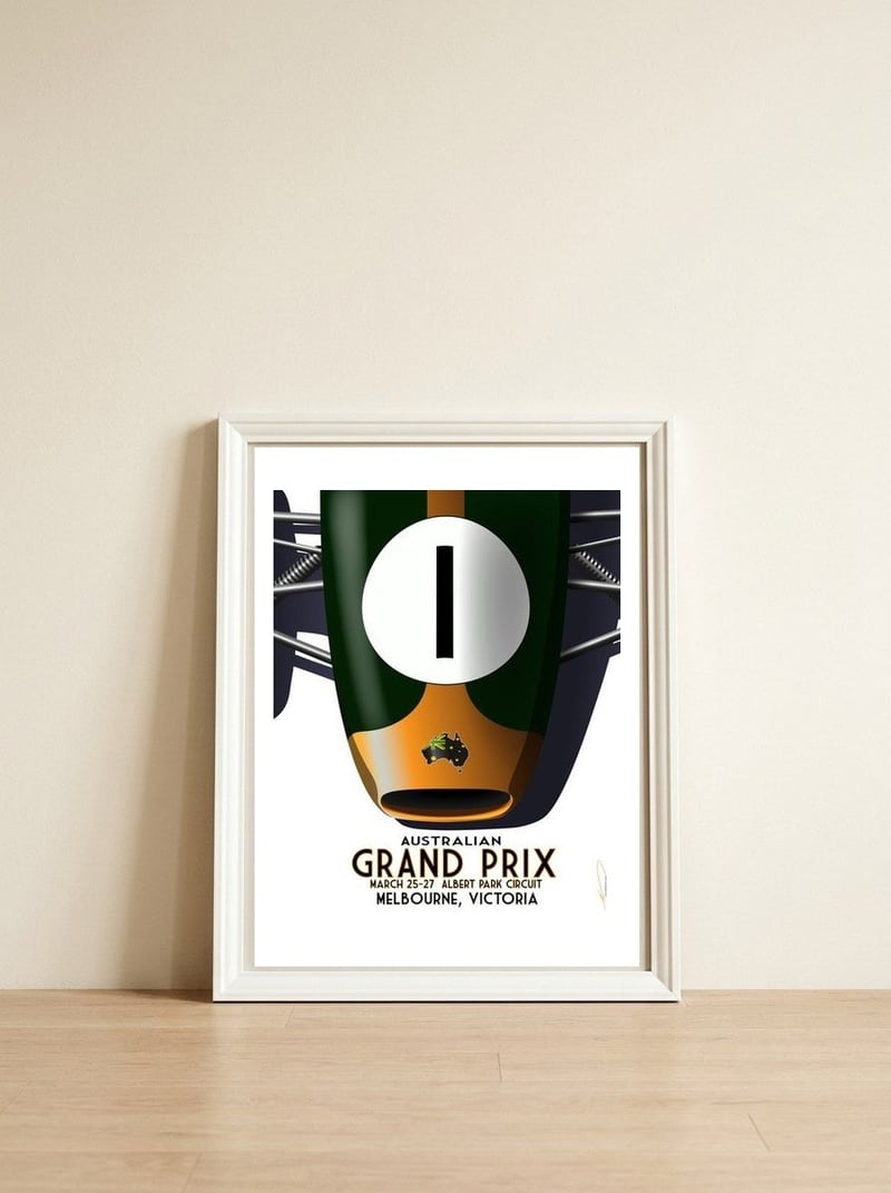 Australian Grand Prix Art Deco poster — framed, leaning against the wall