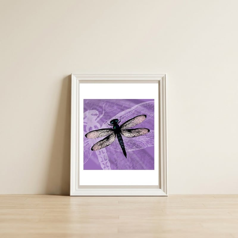 Blue dragonfly vector — framed, leaning against the wall