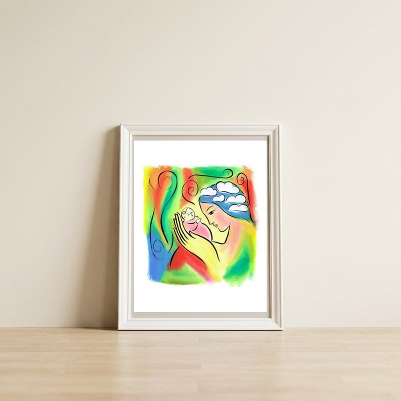 Woman And Baby With Clouds — framed, leaning against the wall