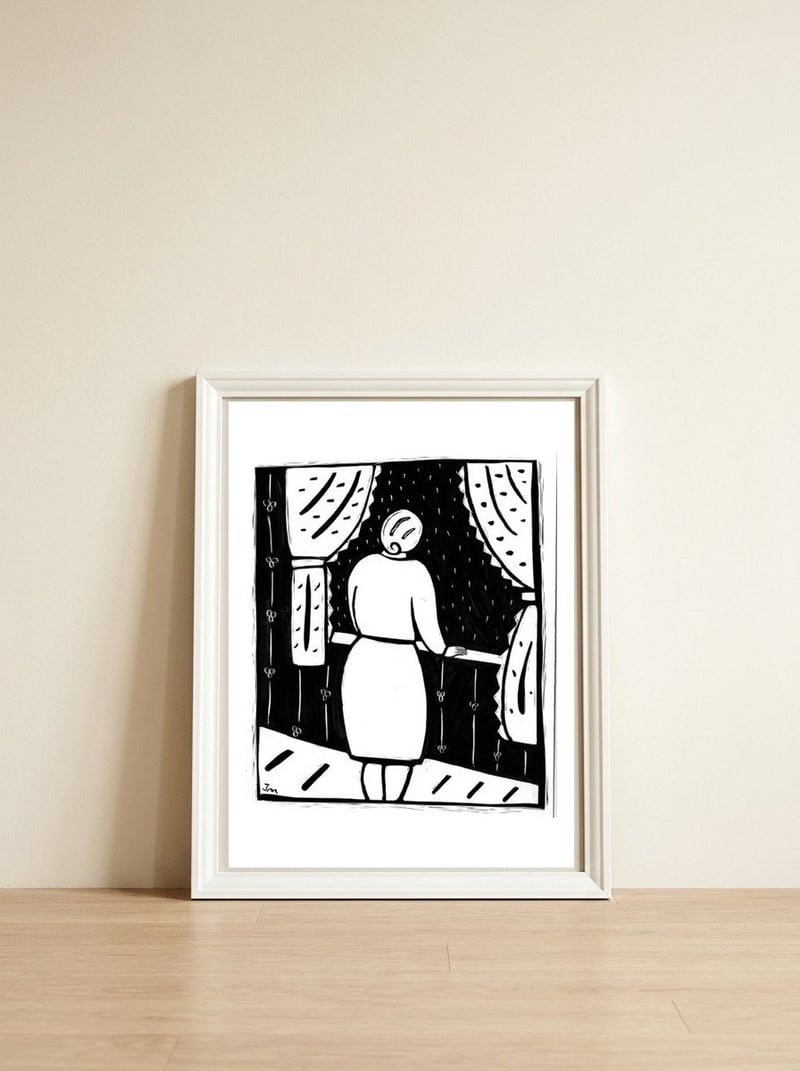 Window Watcher — framed, leaning against the wall