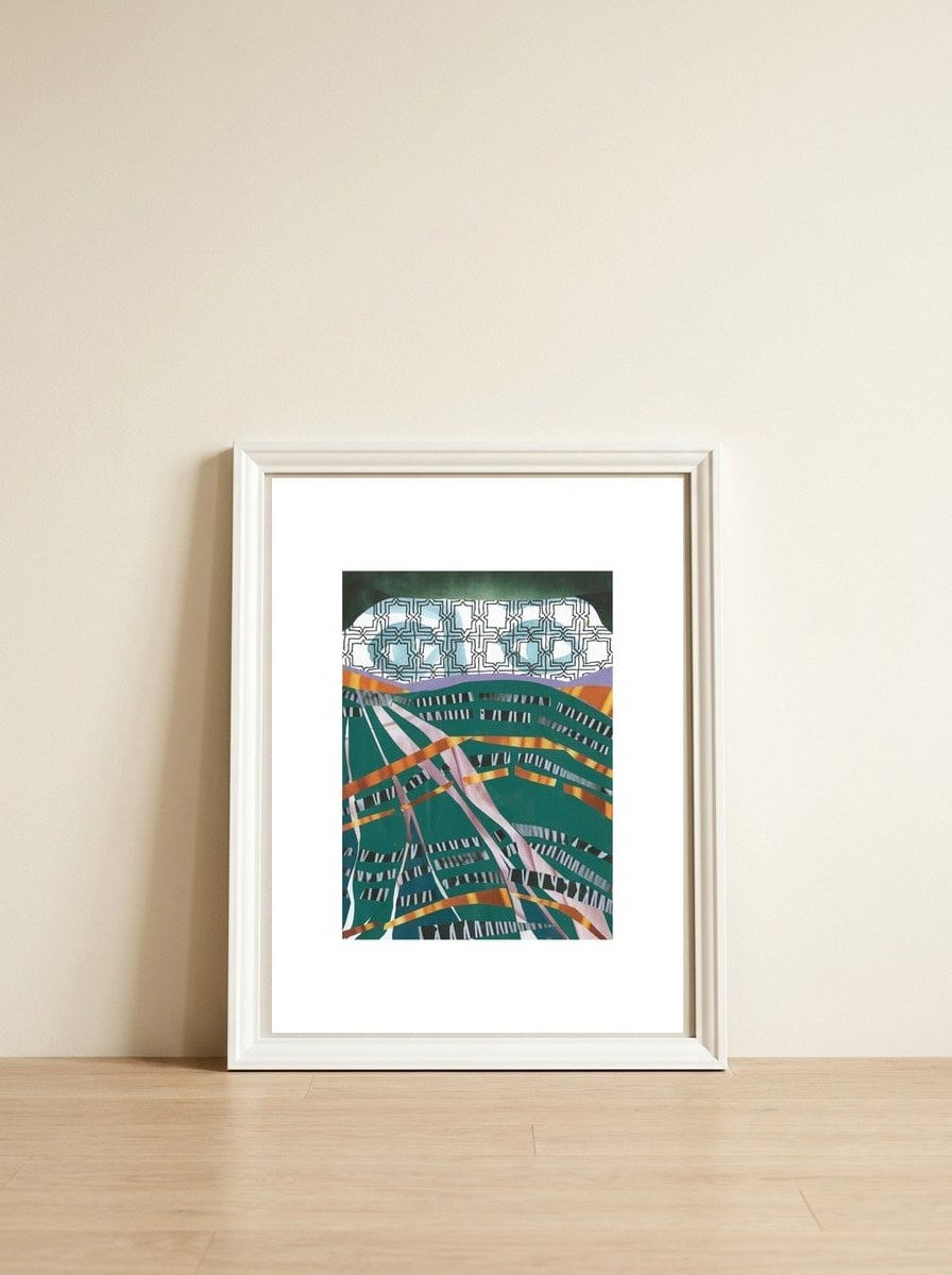 Amna — framed, leaning against the wall