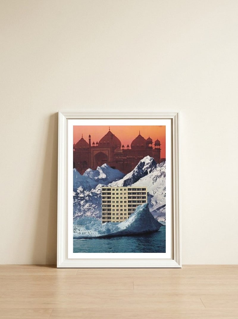 Penguin Village — framed, leaning against the wall