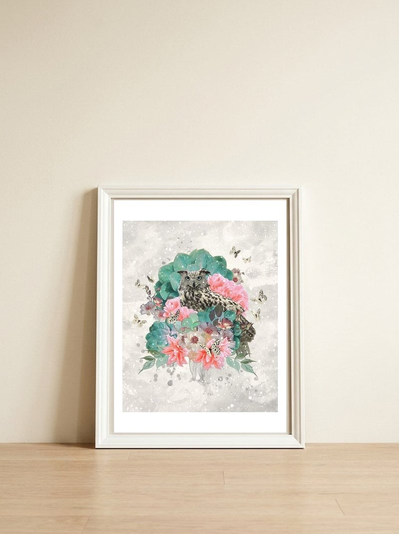 Floral Owl  — framed, leaning against the wall