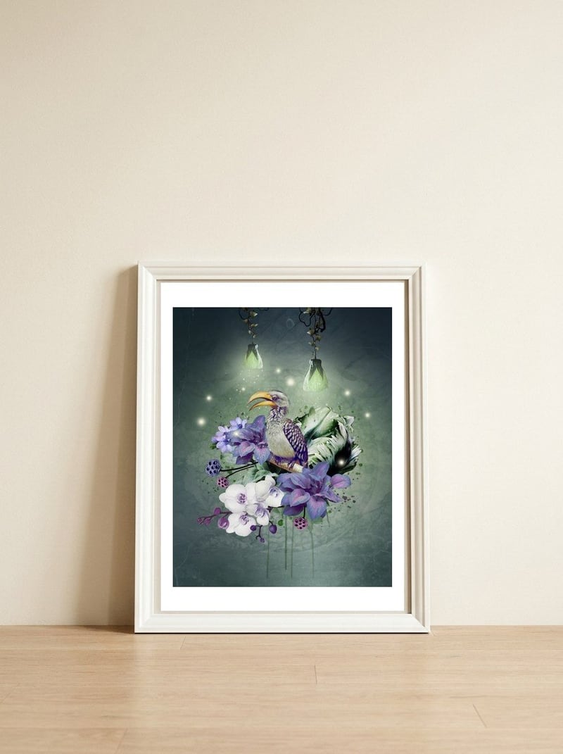 Floral Magic Hornbill  — framed, leaning against the wall
