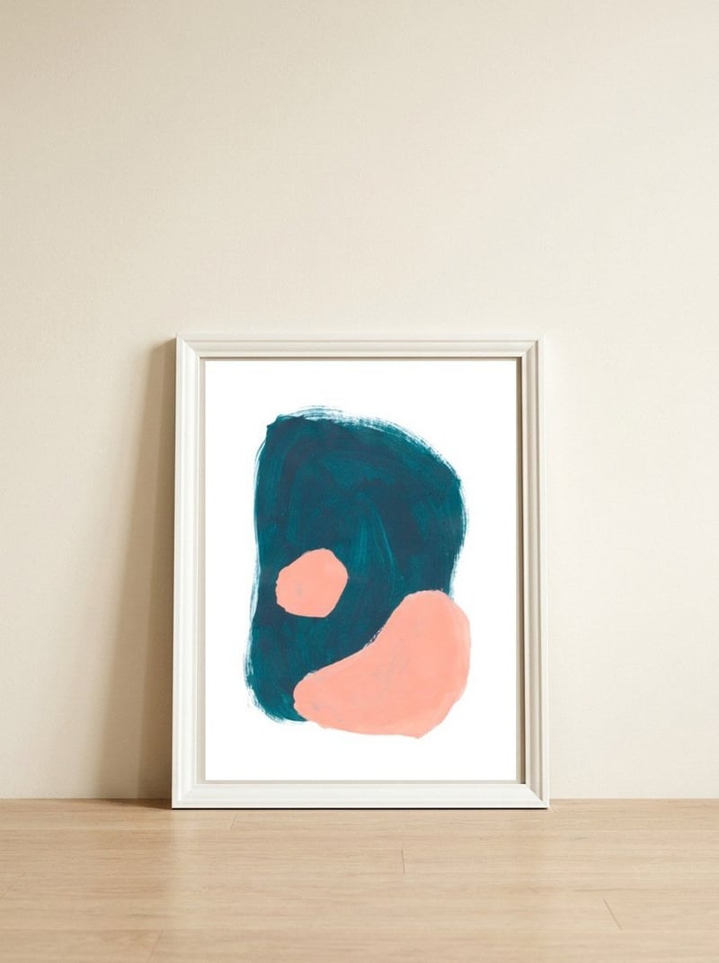 Teal Blob Salmon Bubbles — framed, leaning against the wall