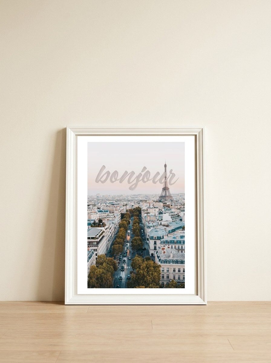 Bonjour — framed, leaning against the wall