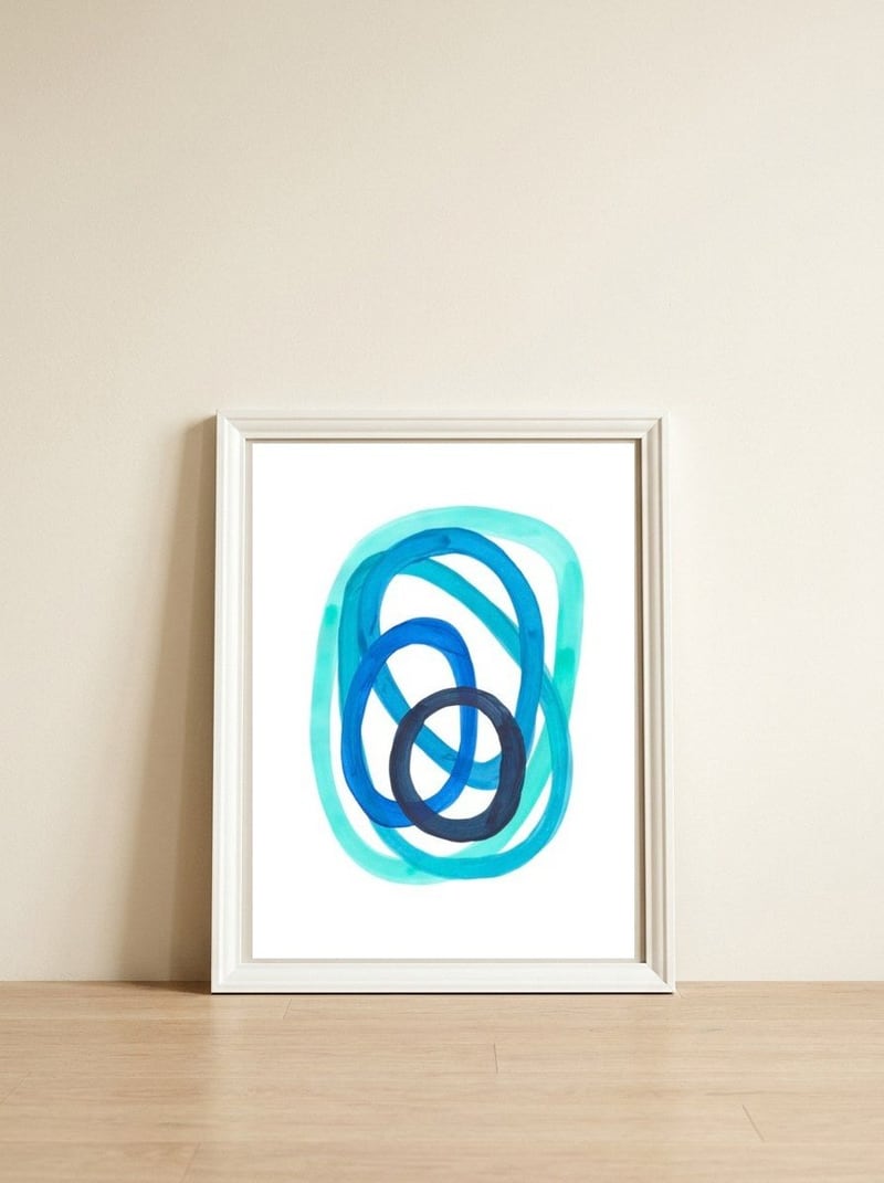 Marine Blues Blue Teal Turquoise Navy Blue Nesting Circles — framed, leaning against the wall