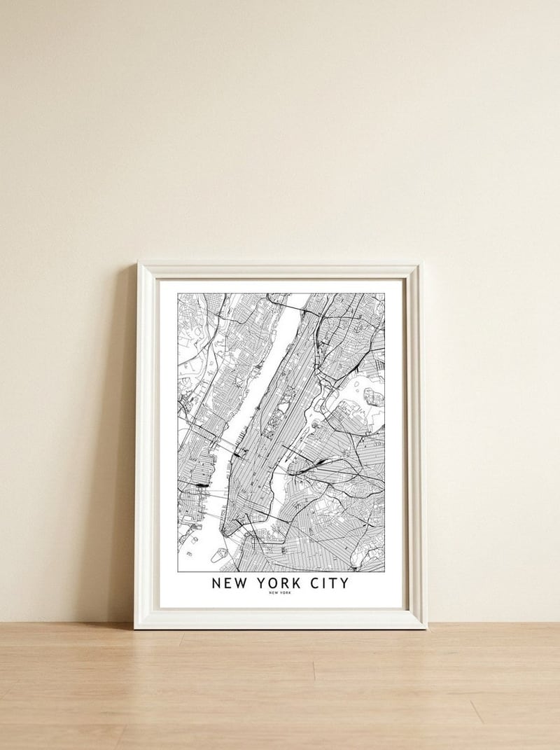 New York City White Map — framed, leaning against the wall