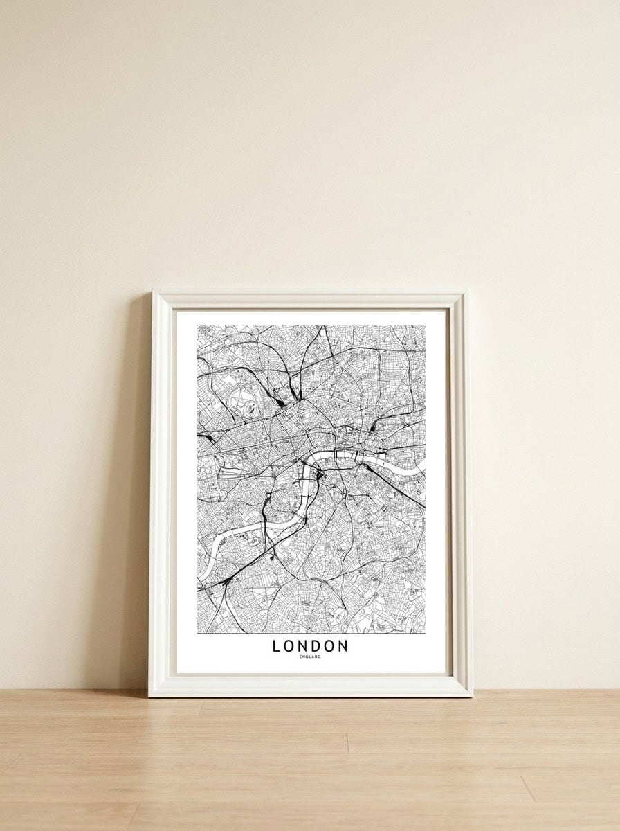 London White Map — framed, leaning against the wall