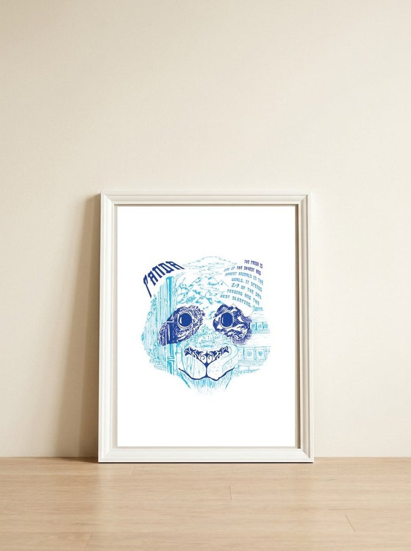 Panda — framed, leaning against the wall