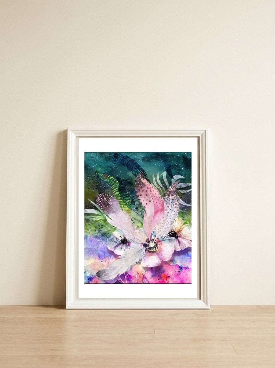 Feathered Fantasy — framed, leaning against the wall