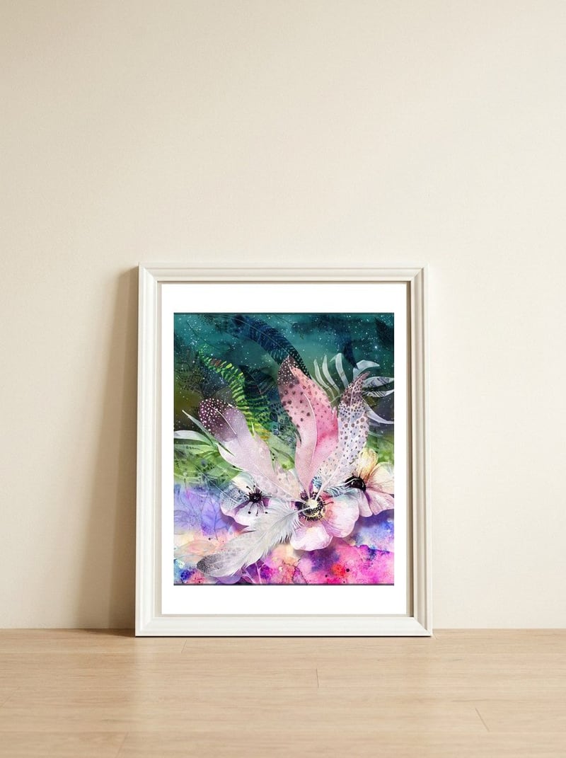 Feathered Fantasy — framed, leaning against the wall