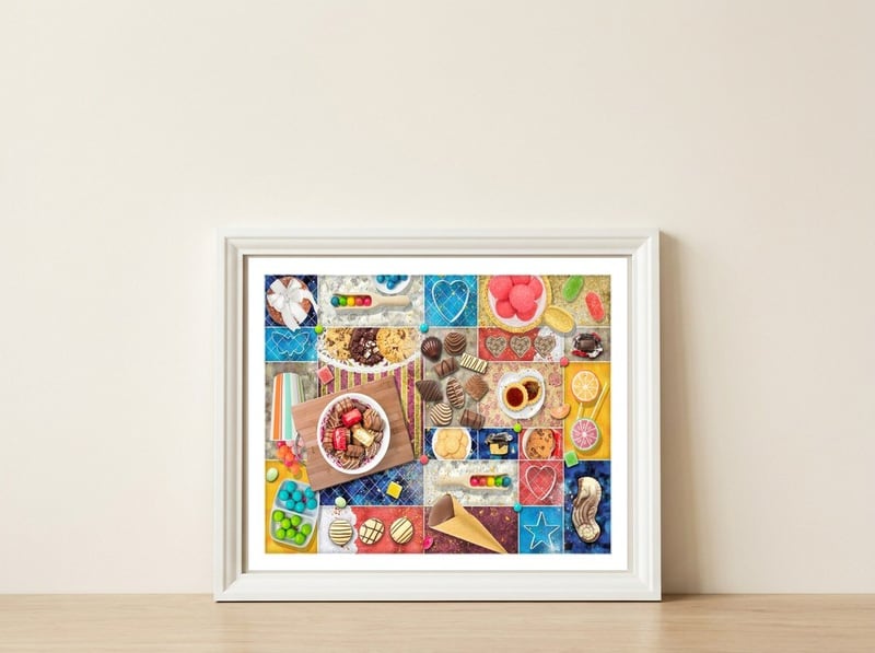 Confections Collage — framed, leaning against the wall