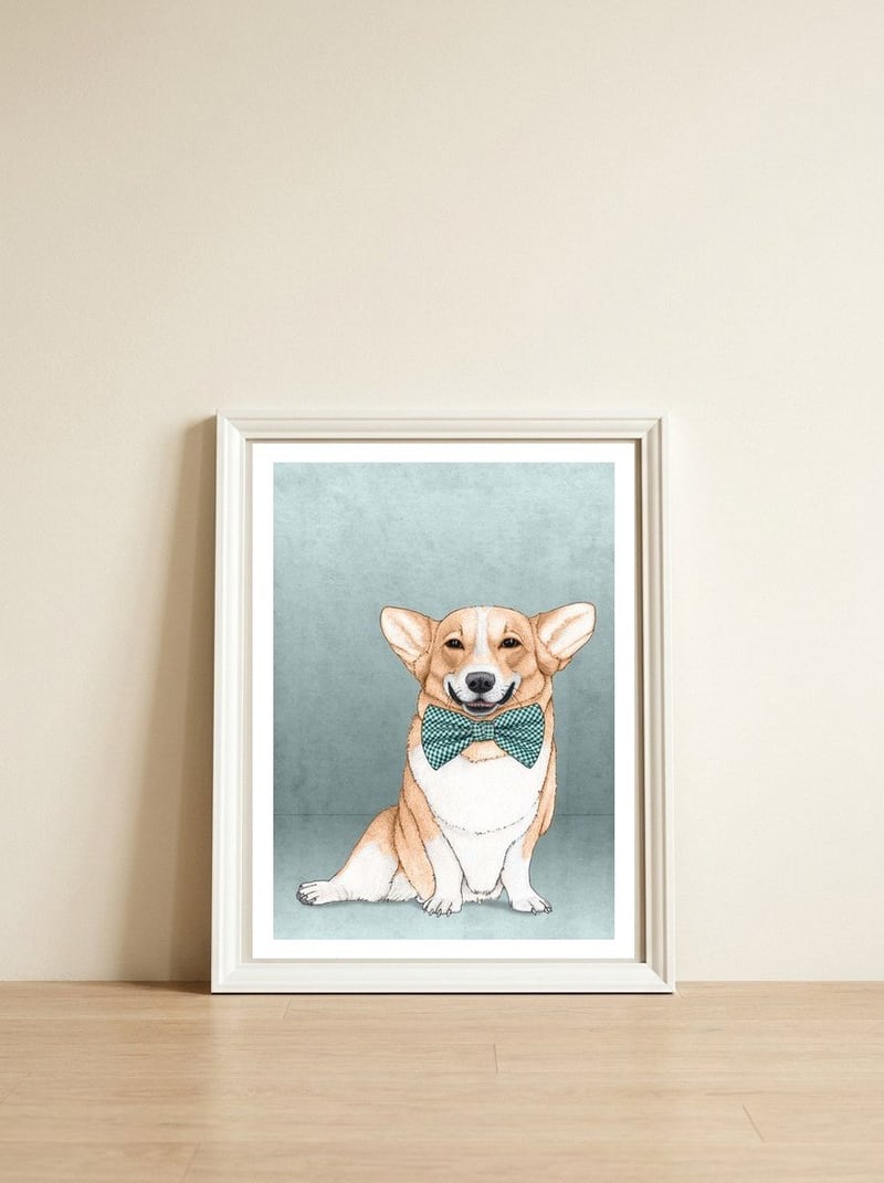Corgi Dog — framed, leaning against the wall