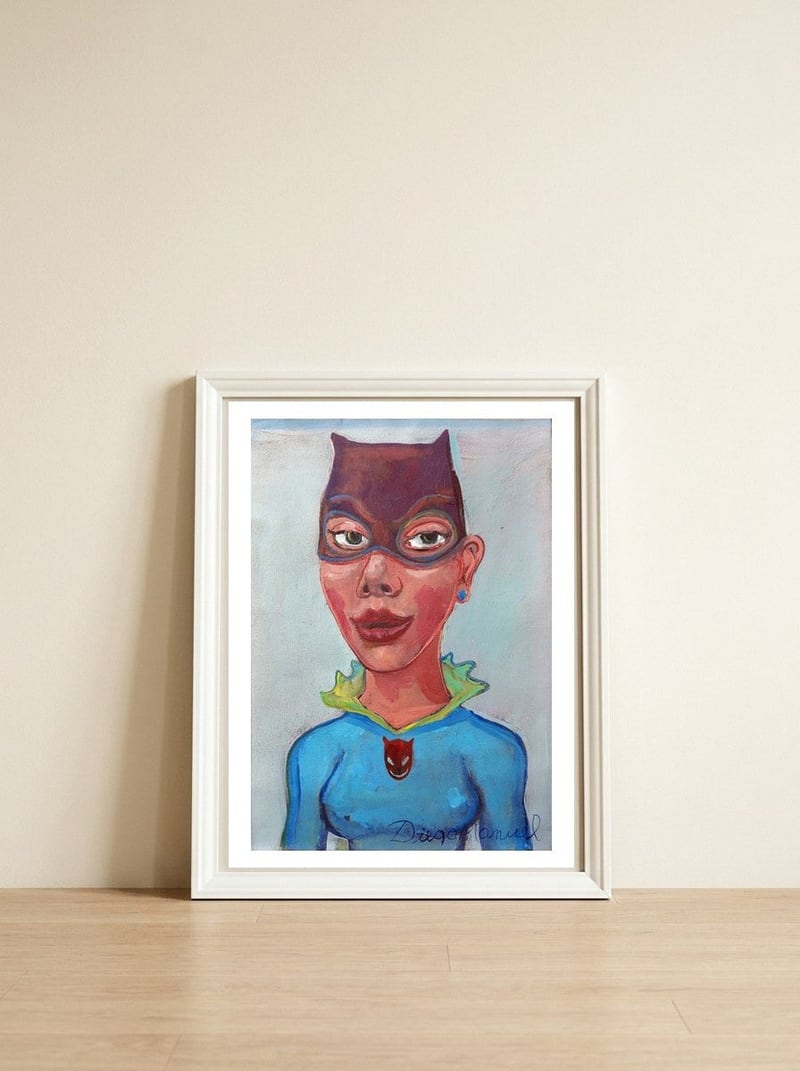 cat girl — framed, leaning against the wall