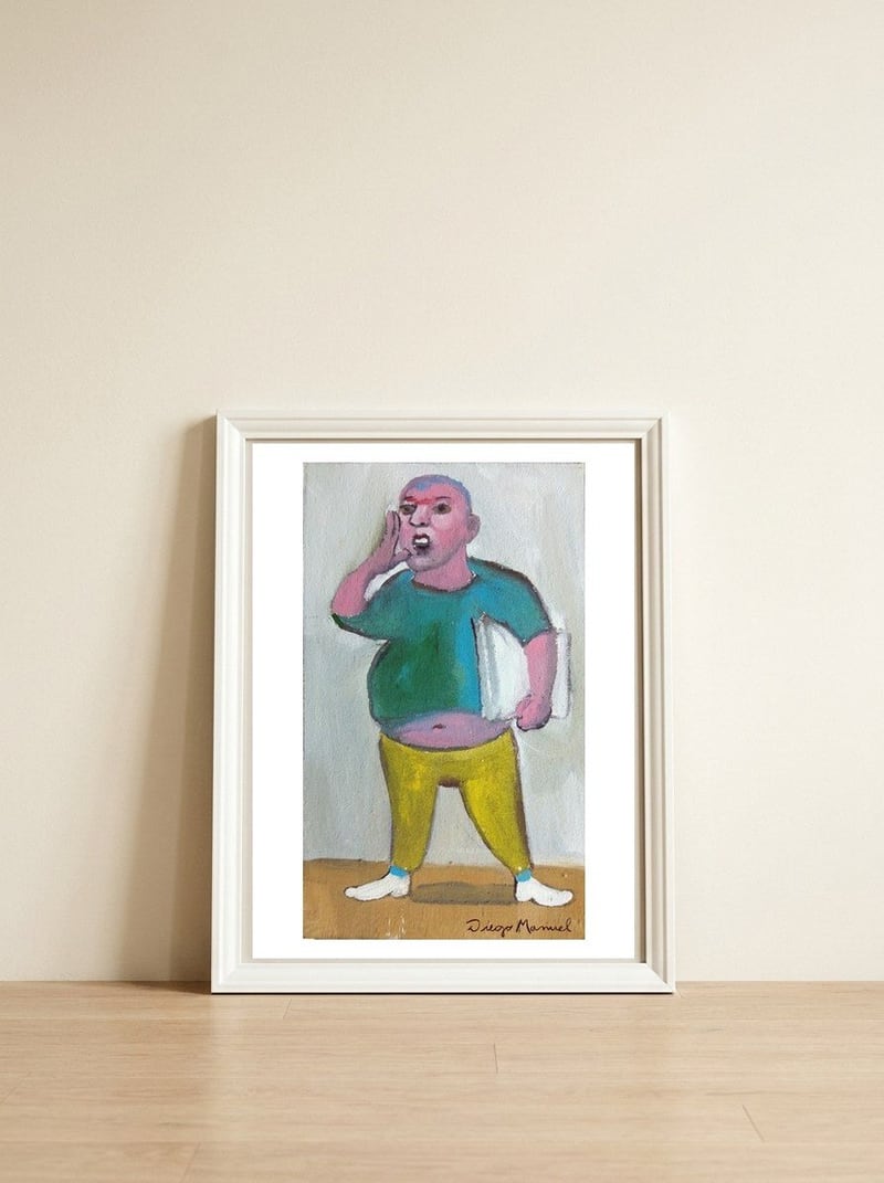 newspaper seller — framed, leaning against the wall