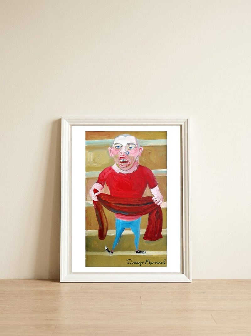 the soccer fan — framed, leaning against the wall