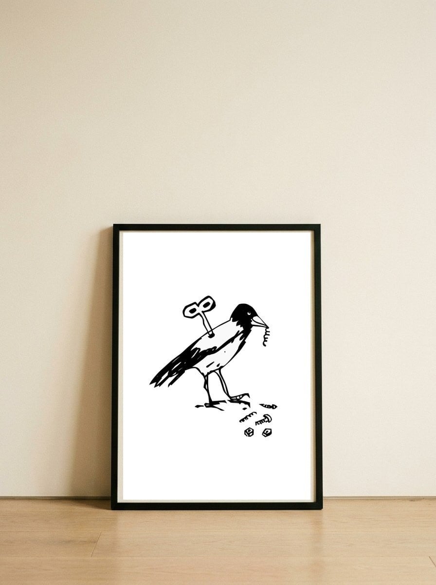 Mechanical Crow — framed, leaning against the wall