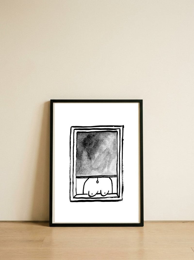 Watch out — framed, leaning against the wall