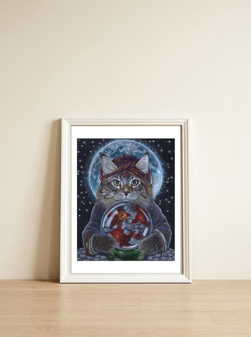 Fortune Teller Cat — framed, leaning against the wall