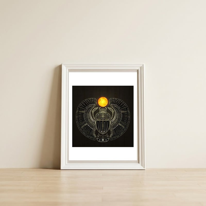 Sacred Scarab — framed, leaning against the wall