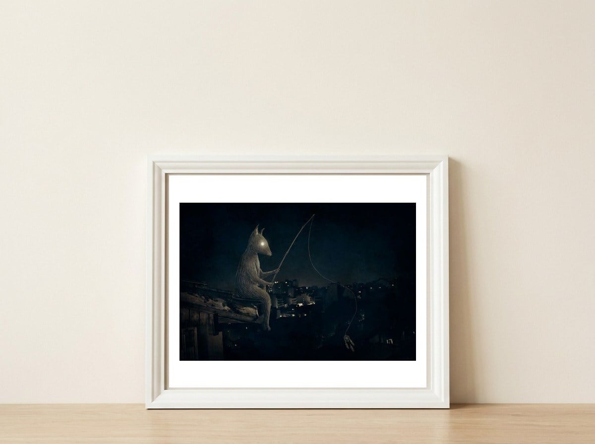 Pescador — framed, leaning against the wall