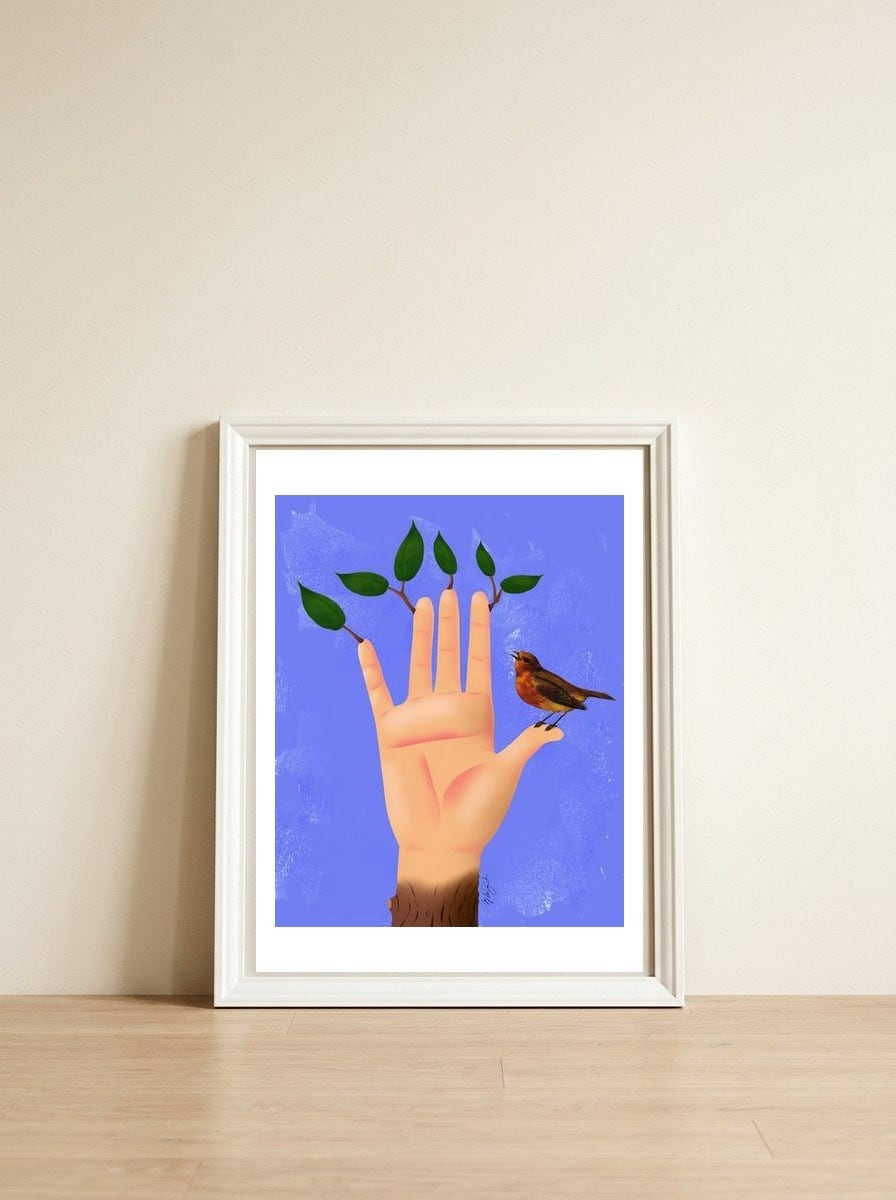 One Earth — framed, leaning against the wall
