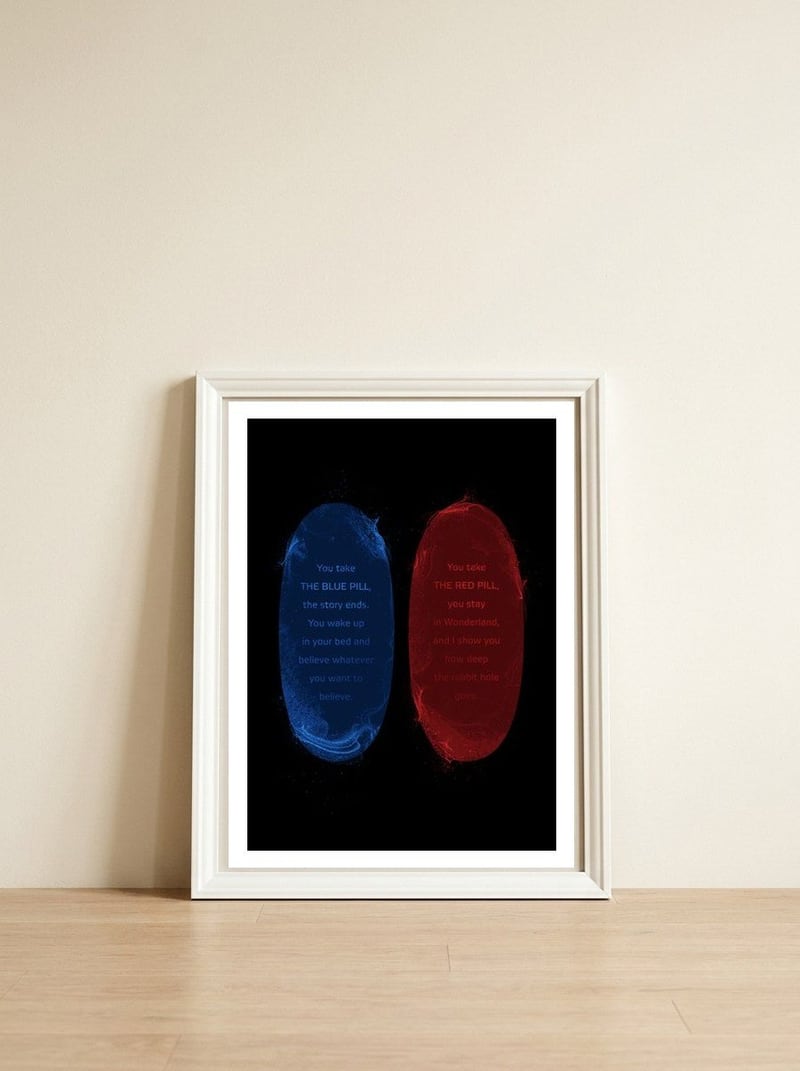Red Blue Pills The Matrix — framed, leaning against the wall